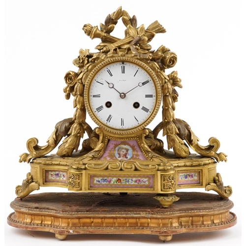 156 - 19th century French ormolu mantle clock striking on a bell, cast with torches and leaves, with Sevre... 