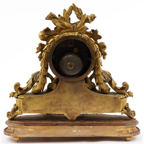 156 - 19th century French ormolu mantle clock striking on a bell, cast with torches and leaves, with Sevre... 