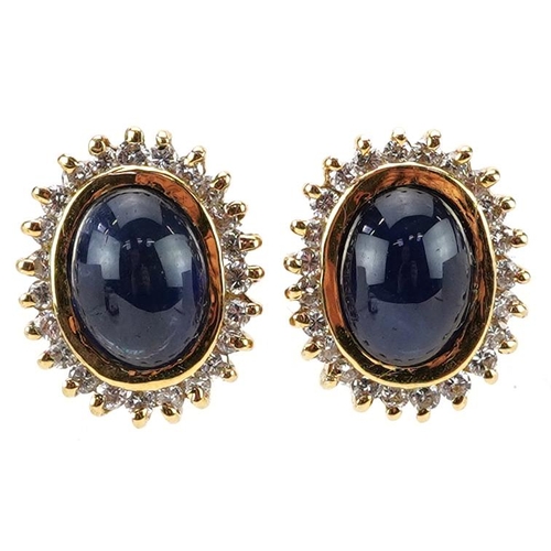 2524 - Pair of 18ct gold cabochon sapphire and diamond cluster stud earrings, each 1.3cm high, total 6.9g