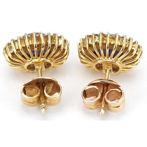 2524 - Pair of 18ct gold cabochon sapphire and diamond cluster stud earrings, each 1.3cm high, total 6.9g