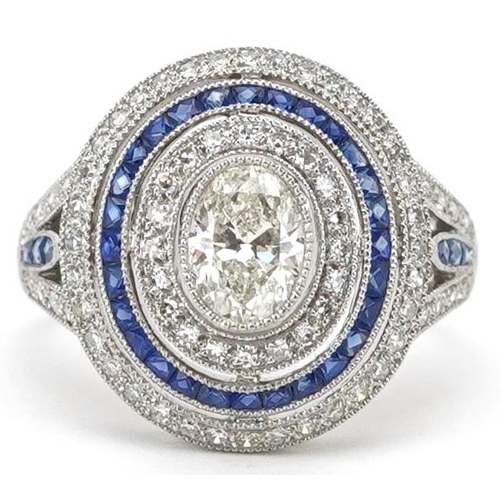 2276 - Art Deco style platinum diamond and sapphire four tier cluster ring, total diamond weight approximat... 