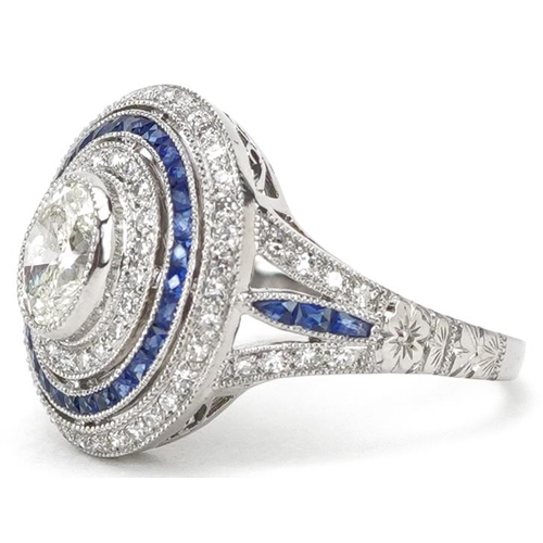 2276 - Art Deco style platinum diamond and sapphire four tier cluster ring, total diamond weight approximat... 
