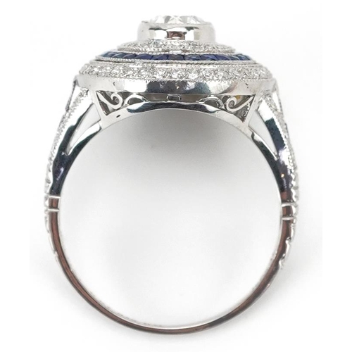 2276 - Art Deco style platinum diamond and sapphire four tier cluster ring, total diamond weight approximat... 