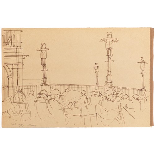 157 - Attributed to Laurence Stephen Lowry - Figures and trees, Five ink sketches onto sketch book leaves,... 