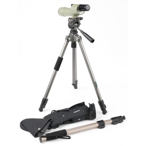 1673 - Opticron spotting scope with protective case, tripod stand and Velbon UP-4000 tripod