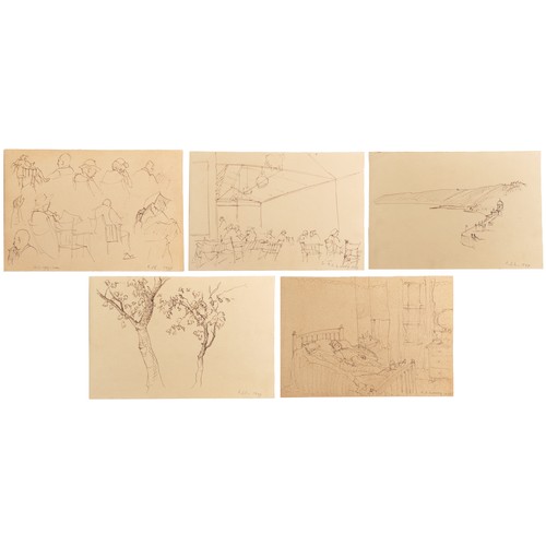 Attributed to Laurence Stephen Lowry - Figures and trees, Five ink sketches onto sketch book leaves, various scenes, all dated 1949, (one double sided) with Christie's receipt form, each unframed, 28cm x 19cm (PROVENANCE: Previously from a sale in Warrington and from a Manchester Art dealer who described them as part of a sketchbook of 48 leaves. Richard Green and his assistant have seen the sketches and was convinced of the authenticity, the sketches were then referred to Christie's South Kensington, where the sketches were to be sold but the branch closed)