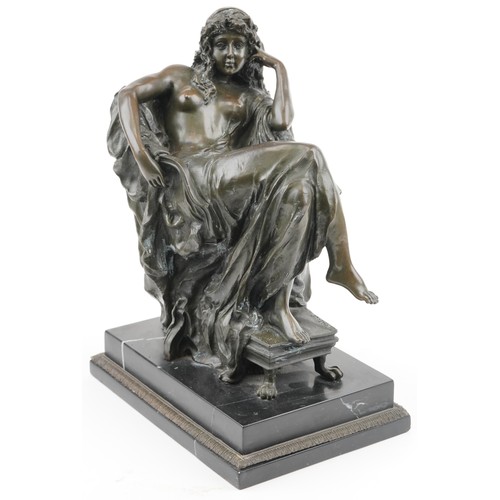 142 - After Carpeaus, large patinated bronze statue of a semi nude Art Nouveau female raised on a rectangu... 