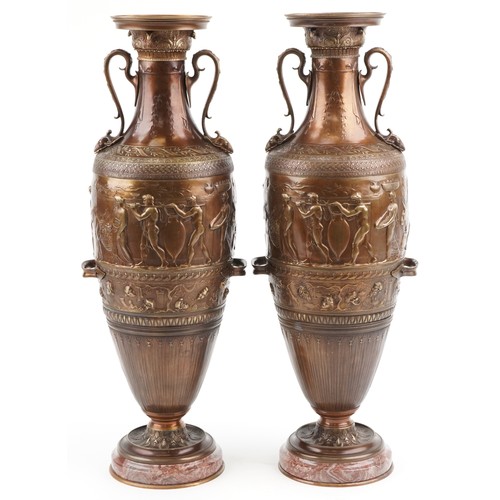 92 - After Ferdinand Barbedienne and S Levillian, large pair of French neo Grecian patinated bronze urn v... 