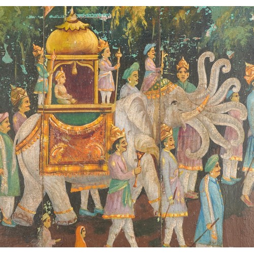 188 - 19th century Indian wood panel hand painted with a procession and mahout, 72.5cm x 68cm