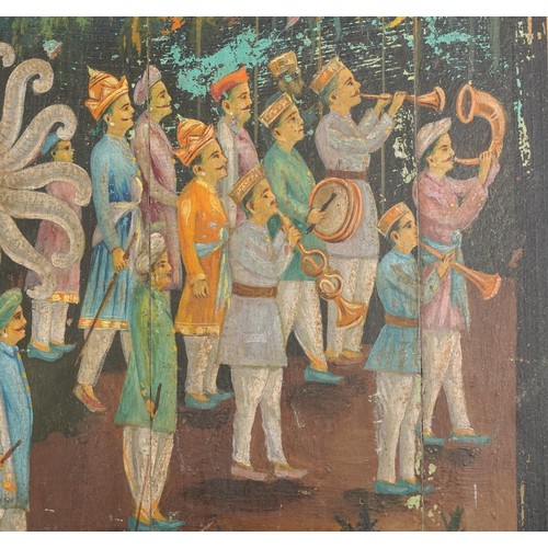 188 - 19th century Indian wood panel hand painted with a procession and mahout, 72.5cm x 68cm