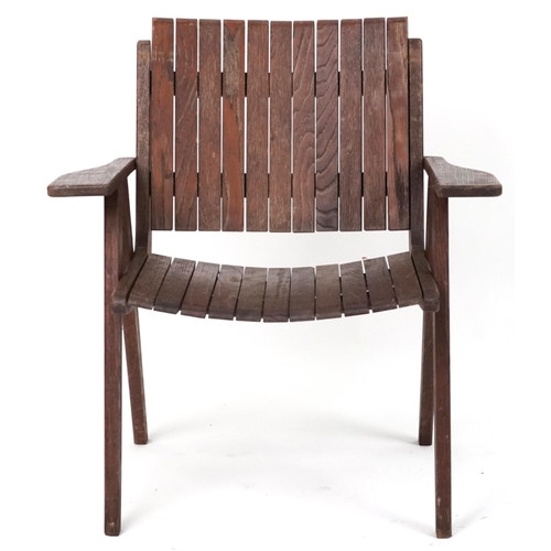 1063 - Autoban, stained teak slice chair, 81cm high