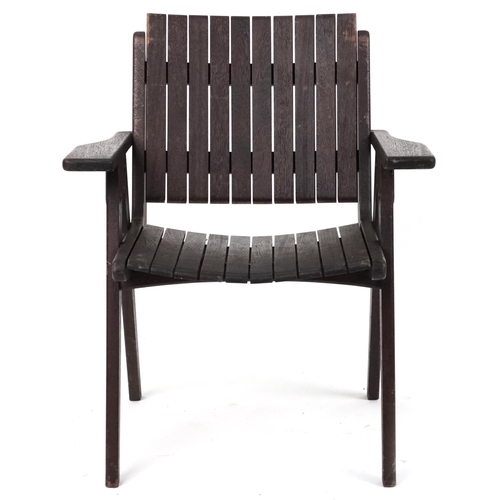 1064 - Autoban, stained teak slice chair, 81cm high