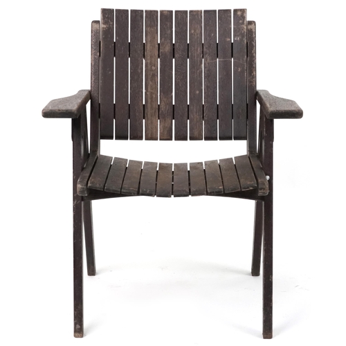 1066 - Autoban, stained teak slice chair, 81cm high