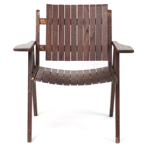 1018 - Autoban, stained teak slice chair, 81cm high