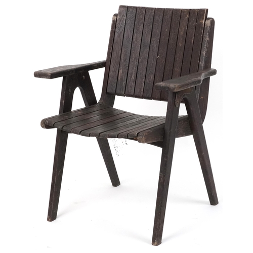 1019 - Autoban, stained teak slice chair, 81cm high