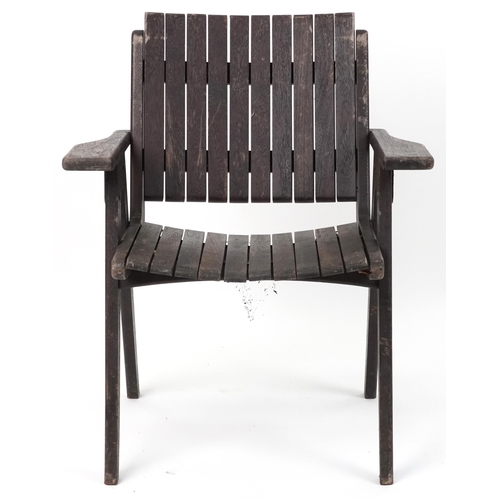 1019 - Autoban, stained teak slice chair, 81cm high