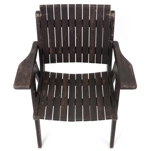 1019 - Autoban, stained teak slice chair, 81cm high