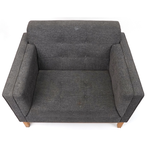 1128 - Frovi, contemporary lightwood framed easy tub chair with grey button back upholstery, 83cm H x 106cm... 