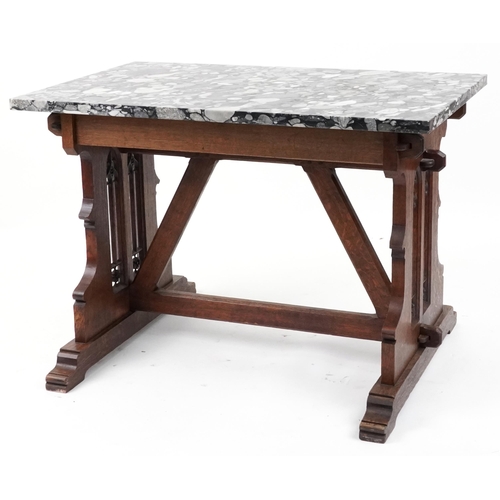 1061 - Victorian Gothic oak table with rectangular marble top in the manner of Pugin, 77cm H x 110cm W x 67... 