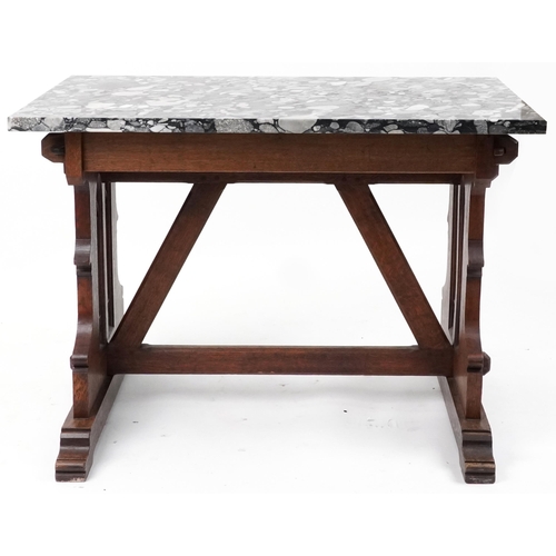 1061 - Victorian Gothic oak table with rectangular marble top in the manner of Pugin, 77cm H x 110cm W x 67... 