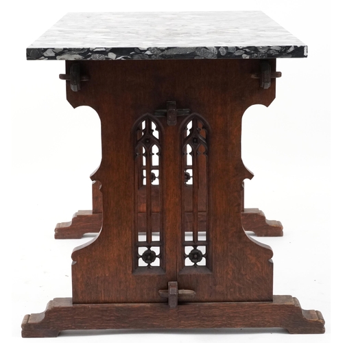 1061 - Victorian Gothic oak table with rectangular marble top in the manner of Pugin, 77cm H x 110cm W x 67... 