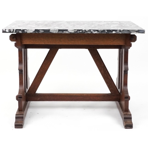 1061 - Victorian Gothic oak table with rectangular marble top in the manner of Pugin, 77cm H x 110cm W x 67... 