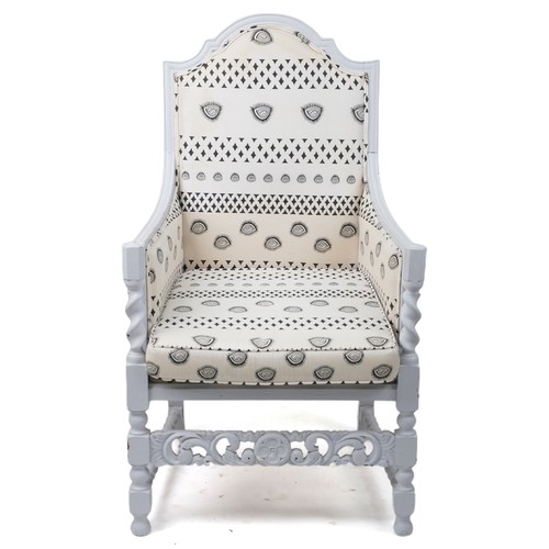 1147 - Cream painted barley twist armchair with black and white upholstery, 110cm high