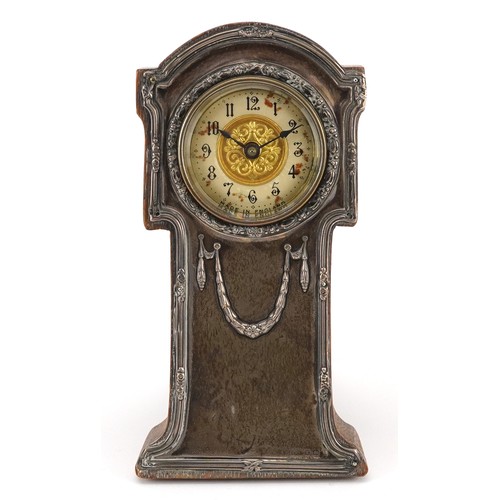 232 - Art Nouveau silver mounted oak strut clock in the form of a longcase clock having enamelled dial wit... 