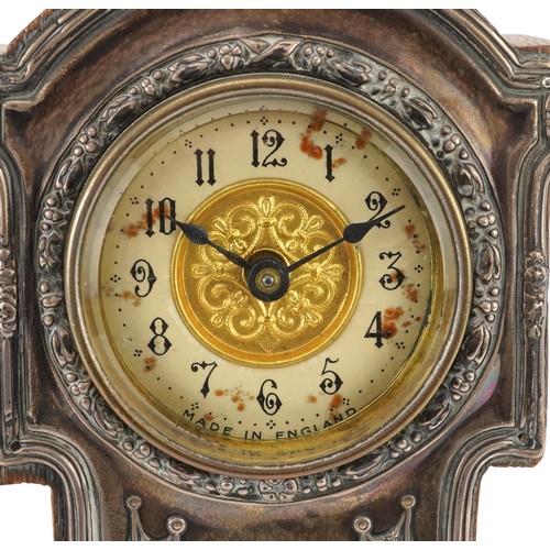 232 - Art Nouveau silver mounted oak strut clock in the form of a longcase clock having enamelled dial wit... 