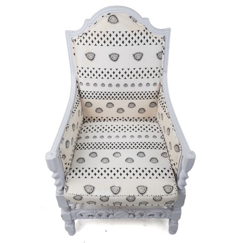 1147 - Cream painted barley twist armchair with black and white upholstery, 110cm high