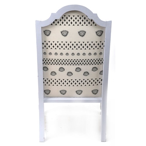 1147 - Cream painted barley twist armchair with black and white upholstery, 110cm high