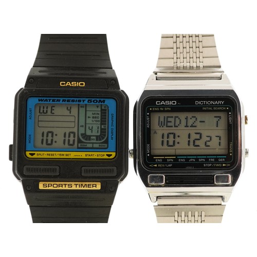 2771 - Casio, two vintage Casio digital wristwatches with paperwork comprising Casio Dictionary and Casio S... 