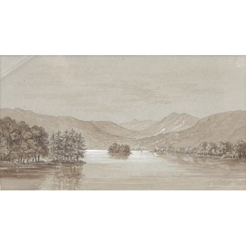 1213 - Lake scene, 19th century monochrome sepia watercolour, Green & Stone of Chelsea London label verso, ... 