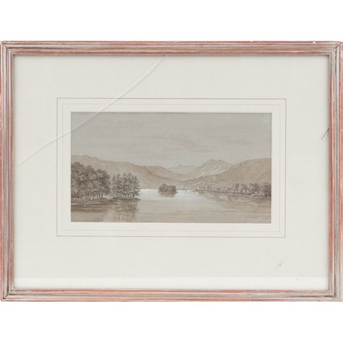 1213 - Lake scene, 19th century monochrome sepia watercolour, Green & Stone of Chelsea London label verso, ... 