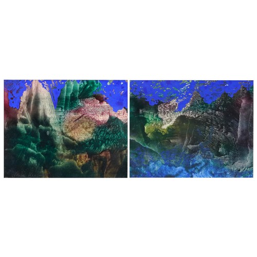 328 - Mike Healey - Green Landscape Number 1 and Number 2, pair of mixed medias, each with details and ins... 