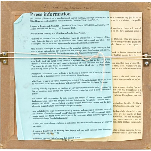 328 - Mike Healey - Green Landscape Number 1 and Number 2, pair of mixed medias, each with details and ins... 