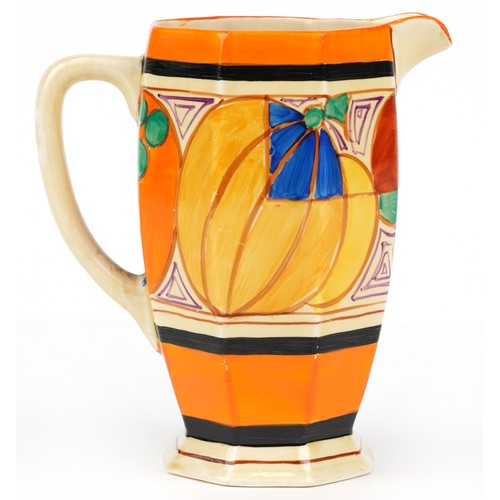 4 - Clarice Cliff, Art Deco Fantastique Bizarre water jug with octagonal body hand painted in the melon ... 