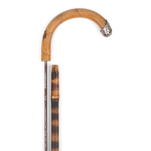 615A - Bamboo walking swordstick with steel blade and silver mount impressed Brigg, 84.5cm in length