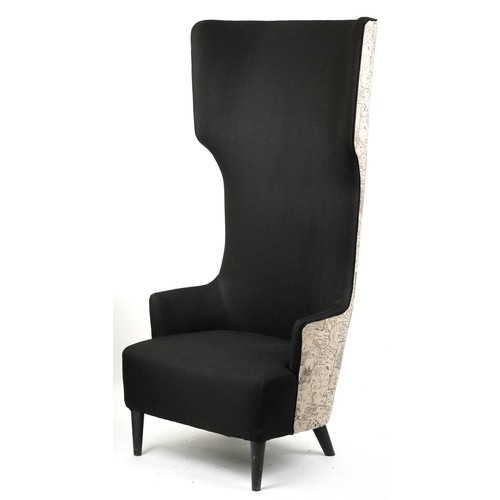 1004 - Contemporary high back throne chair upholstered with maps of London and surrounding on ebonised tape... 