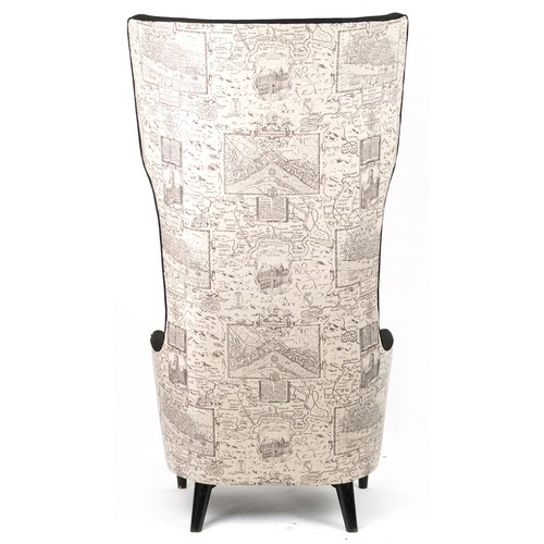 1004 - Contemporary high back throne chair upholstered with maps of London and surrounding on ebonised tape... 