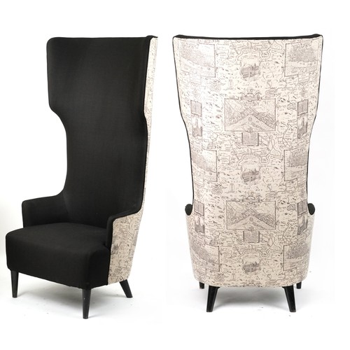 1004 - Contemporary high back throne chair upholstered with maps of London and surrounding on ebonised tape... 