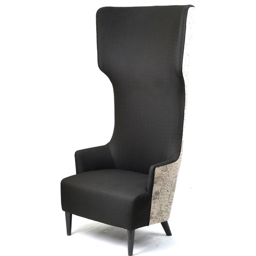 1005 - Contemporary high back throne chair upholstered with maps of London and surrounding on ebonised tape... 