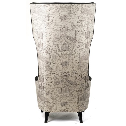 1005 - Contemporary high back throne chair upholstered with maps of London and surrounding on ebonised tape... 