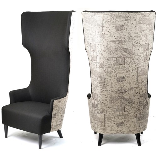 1005 - Contemporary high back throne chair upholstered with maps of London and surrounding on ebonised tape... 