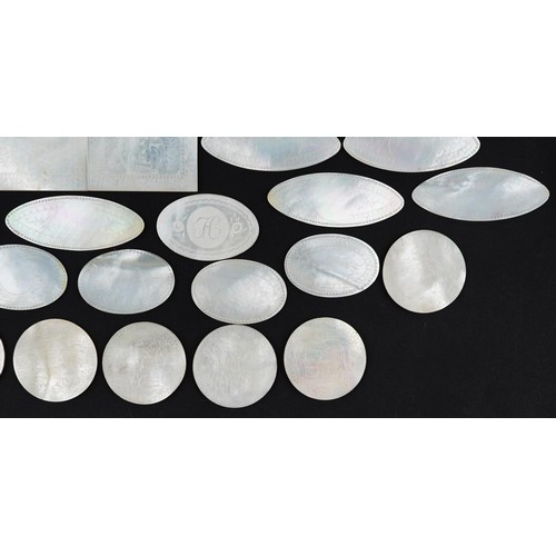 20 - Good collection of Chinese Canton mother of pearl gaming counters, each carved with figures and flow... 