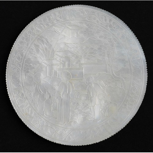 20 - Good collection of Chinese Canton mother of pearl gaming counters, each carved with figures and flow... 