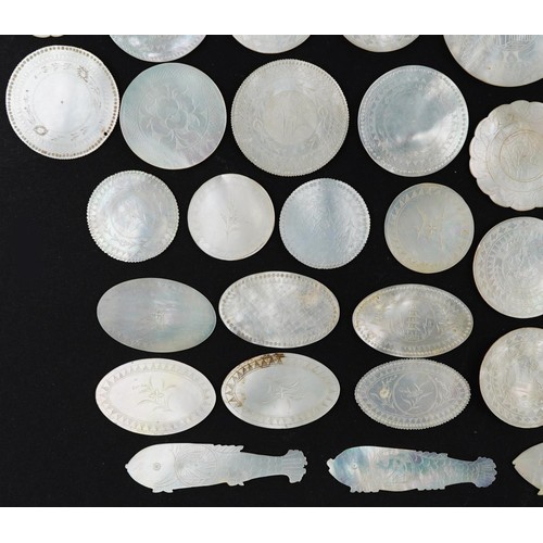 21 - Good collection of Chinese Canton mother of pearl gaming counters carved with figures and flowers, t... 