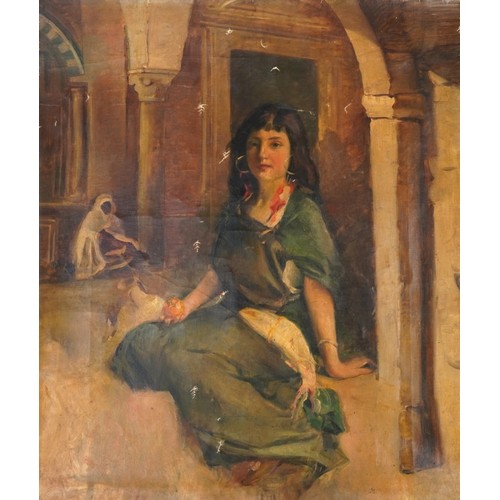 62 - F Ruiz - Young female beside a vessel, 19th century Orientalist school oil on unstretched canvas, 63... 
