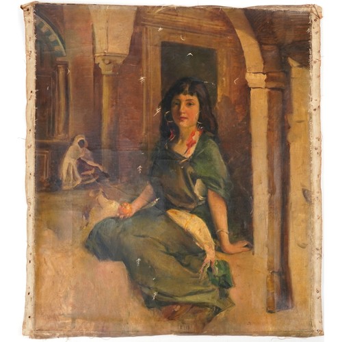 62 - F Ruiz - Young female beside a vessel, 19th century Orientalist school oil on unstretched canvas, 63... 