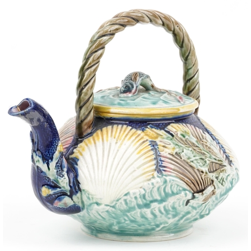 Victorian Majolica teapot decorated in relief with shells and fish, 23cm in length